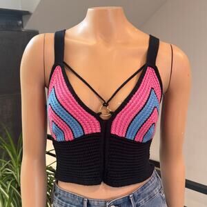 Madden NYC Crochet Crop Top Size L Black Pink Blue Heart O-Ring Festival Boho